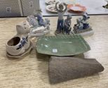Porcelain Figurines, Pottery Cat Planter, Hand Made Pottery Bowl and Stone