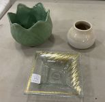 Tamara Childs Gold Metal Leaf Glass Tray, Camark Planter, B. Eigen Mini Vase