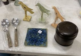 Pair of Nautica Serving Spoons, 3 Iron Birds, Oval Covered Wooden Box, Decorative Tile
