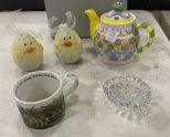 Hand Painted Tea Pot, 2 Egg Ornaments, Enchanted Garden Mug, Crystal Glass Tray