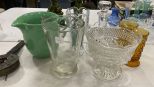 Group of Clear Glass Pieces, White Hall Cups, and Pottery Pitcher