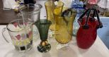 Group of 3 Pitchers, Pair of Amber Candle Vases, Hand Painted Decorative Glass, Hand Painted Strawberry Handled Flower Vase