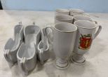 Set of 6 Vintage Crest Porcelain German Cups with Handle, Set of 3 Porcelain Dishes