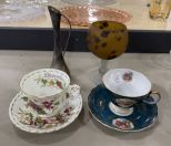 2 Decorative Tea Cups with Saucers Featuring Royal Sealy China and Royal Albert Bone China. Hand Painted Glass Goblet, Weighted Metal Flower Bud Vase with Handle