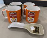 Set of 4 Andy Warhof Campbells Soup Mugs and Decorative Ceramic Spoon Rest by Warren Kimble Otagiri