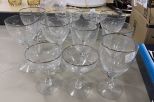 Set of Silver Rimmed with Etched Design Stemmed Glasses. Includes 5 Tea Glasses, 4 Wine Glasses, 2 Champagne Glasses