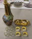 Wooden and Stained Glass Decorative Bottle with Stopper by Sheila Daulin, International Silver Co. Gold Butter Dish, Set of 4 Hand Painted Porcelain Napkin Rings, Set of 4 Decorative Glass Napkin Rings
