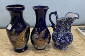 Two Chinese Blue Peacock Vases and Flower Pitcher