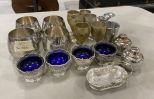 Silver Plate Cups, Cordials, Blue Glass Salts, and Salt & Pepper