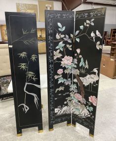 Three Panel Oriental Black Lacquer Screen