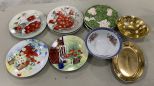 Collectible Porcelain Plates, Leaf Plates, and Gold Gilt Platter, bowl