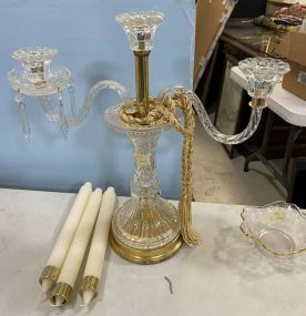 Glass and Brass Three Arm Candelabra