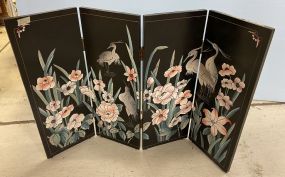 Black Lacquer 4 Panel Screen with Cranes and Lotus Flowers