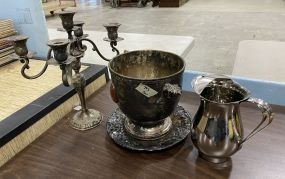 Silver Plate Candelabra, Ice Bucket, Plate, and Pitcher