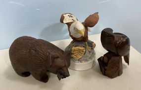 Hand Carved Bear, Eagle, and Ceramic Eagle