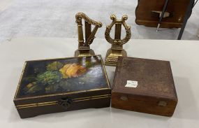 Two Decorative Boxes and Resin Musical Bookends