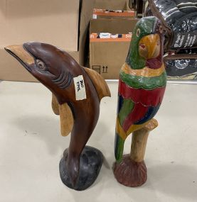 Wood Carved Dolphin and Parrot