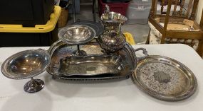 Silver Plate Footed Tray, Pitcher, Round Tray, and Compote