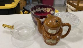 Red Cut Glass Bowl, Candy Dish, Glass Bowl, and Ceramic Frog Jar