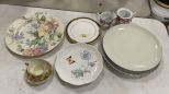 Porcelain Chargers, Plates, Creamer, Sugar, and Tea Cup