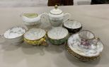 Porcelain Cups, Saucers, and China Creamer, Sugar