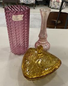 Pink Glass Vase, Decorative Glass Vase, and Amber Candy Dish
