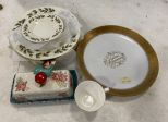 Christmas Dinner Plates, Saucers, Butter Dish, Gold Anniversary Charger