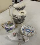 Group of Assorted Porcelain, Novelty Scene Pitcher, Saucer, Dresden Porcelain Shoe with Rose Bud, and Hand Painted MZ Dyrosey Covered Sugar Dish