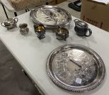 Grouping of Silver Plated Creamers, Sugar with Lid, Engraved Tray,  and Platter