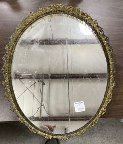 Vintage Brass Vanity Mirror Tray, Porcelain Flower Bud Vase, and Bottle