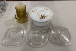 Group of Glassware Featuring Baking Pot, Custard Cups, and Glass Lids