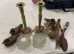 Group of Candle Holders, 4 Hand Carved Duck Figurines, Angel, Serving Forks and Spoons