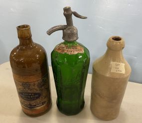 Vintage Green Glass Dispenser, and Two Stoneware Jugs