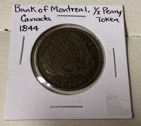 1844 Bank Of Montreal Canada 1/2 Penny Token