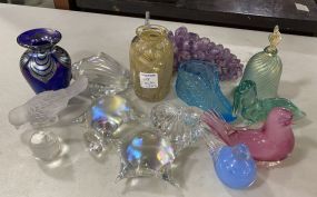 Group of Art Glass Birds, Vases, Shoe, Grapes, and Bell
