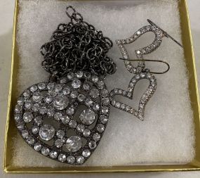 Vintage Rhinestone Hear Necklace and Earrings