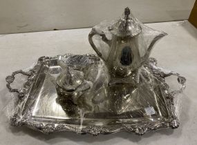 Silver Plate Serving Tray, Coffee Pitcher, Sugar, and Creamer