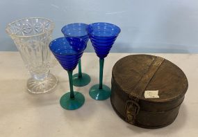 Glass Vase, Art Glass, and Leather Boxes