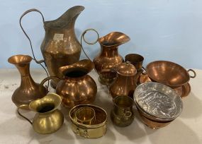 Group of Copper and Brass Pitcher and Bowls