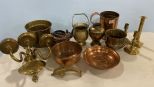 Group of Copper and Brass Vases, Pitcher, and Candle Holders