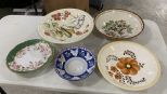 Four Pottery Serving Bowls and Antique Hand Painted Plate