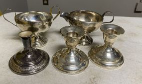Five Weighted Sterling Creamer, Sugar, and Candle Holders