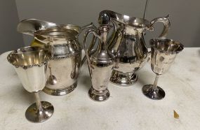 Silver Plate Pitcher, Goblets, and Cruet