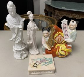 Asian Style Porcelain Figurines and Soapstone Box