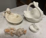 2 Hugging Swans Intertwine Neck Ceramic Dishes, Ceramic Angel Dish Signed P Sullivan, and Mantel Angel Figurine