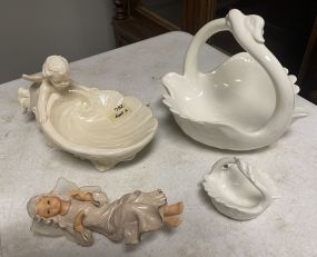 2 Hugging Swans Intertwine Neck Ceramic Dishes, Ceramic Angel Dish Signed P Sullivan, and Mantel Angel Figurine