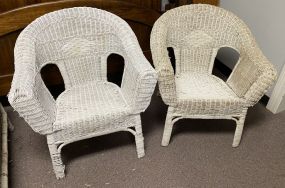Pair of Worn White Wicker Chairs