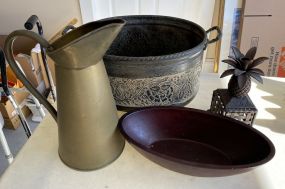 Copper Pitcher, Metal Bucket, Wood Bowl, and Pineapple Candle Holder