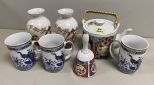 Japanese Porcelain Tea Pot, Vases, Bell, and Mugs