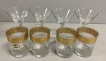 Four Clear Glass Martini and Four Gold Rimmed Hiball Glasses